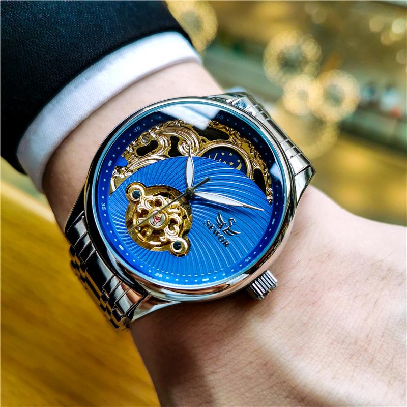 SEWOR Men's Semi-Automatic Skeleton Tourbillon Luminous Waterproof Retro Business Watch