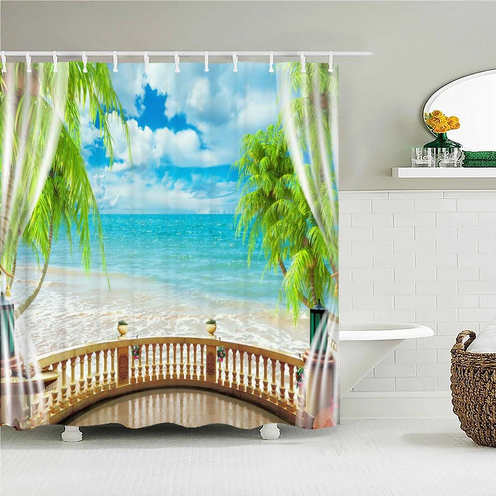 

3D Waterproof Fabric Polyester Shower Curtains Landscape Outside The Window Bathroom Curtains With Hooks Bathtub Decor Screen W60H190(CM)-1 Pcs