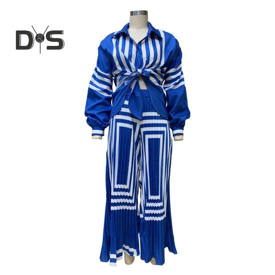 2Pcs/Set Women Stripe Print Pleated Casual Outfit Lapel Lantern Long Sleeve Lace Up Shirt High Waist Wide Leg Long Pants Set
