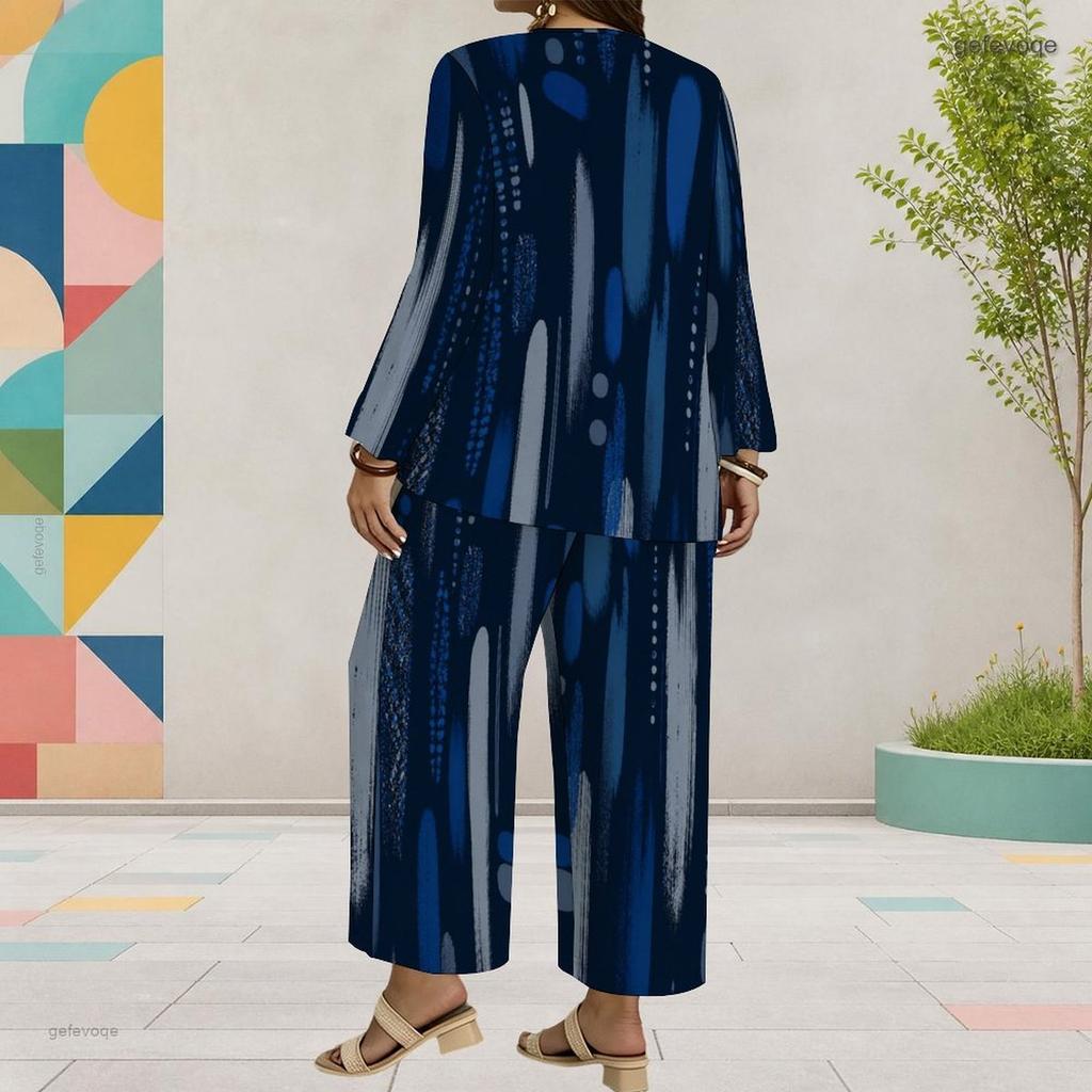 Women Plus Size Dark Blue Printed Round Neck Long Sleeve Two Piece Set Asymmetrical Layered Top Wide Leg Pants