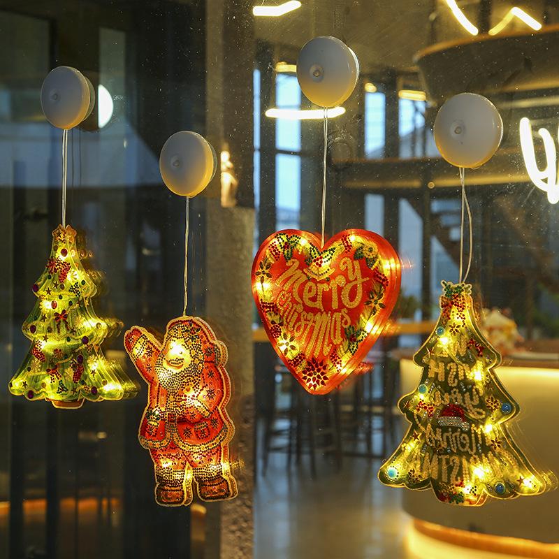 Led Suction Cup Light Diamond Painting, Christmas Tree Elderly Holiday Window Decoration Hanging Painting, Point Diamond Shape Hanging Light