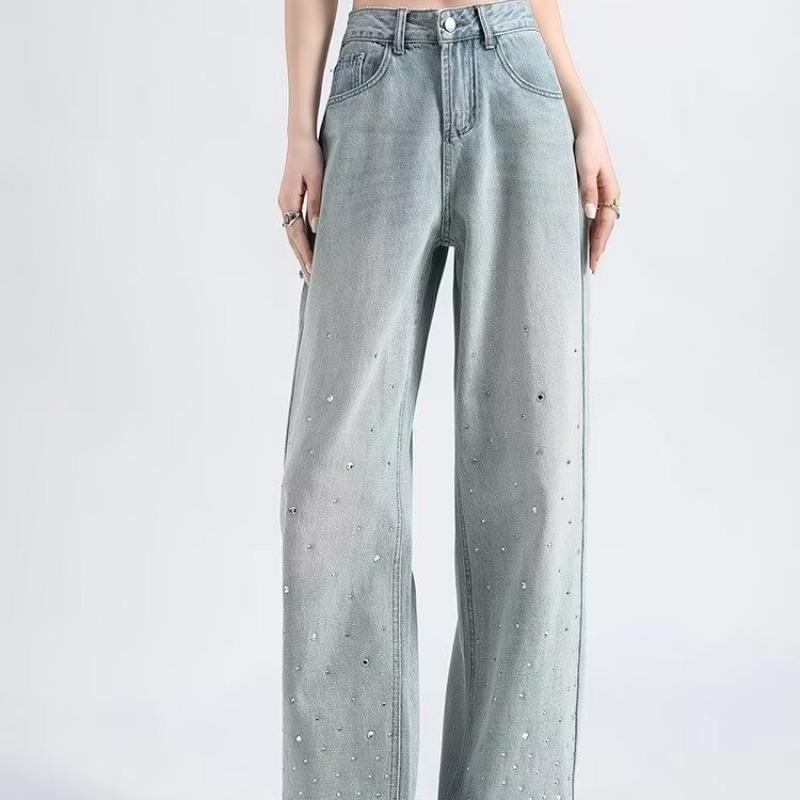 Spring & Autumn 2025 Women's High-Waisted Light Wide-Leg Jeans: Trendy Versatile Slimming Straight-Leg with Hot Drill Design.