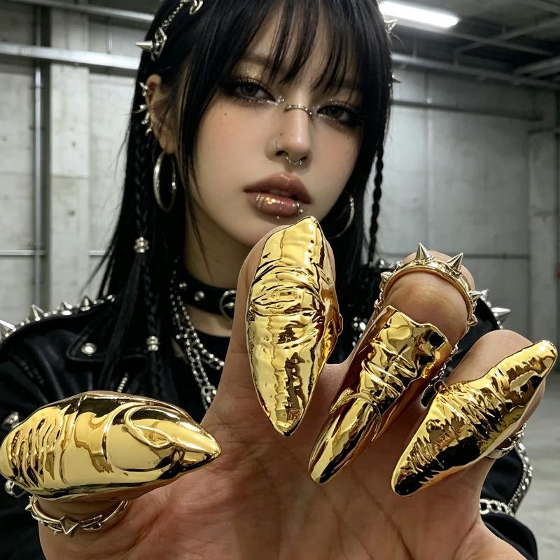Punk Metallic Claw Nail Rings Irregular Gothic Long Finger Tip Rings For Women Men Alternative Party Rings Accessories