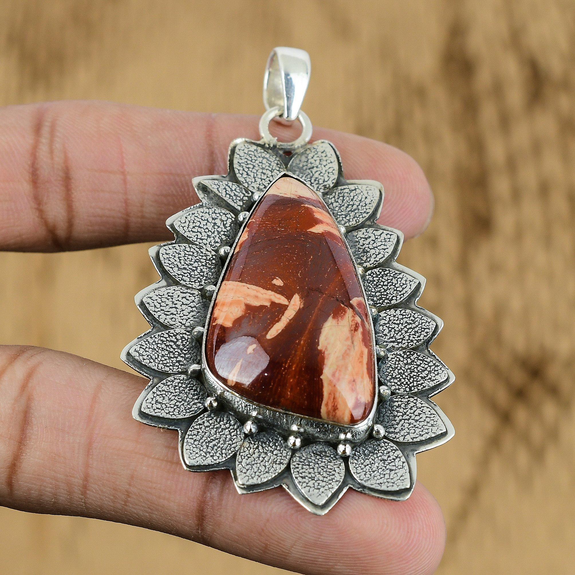 

Natural Snakeskin Jasper Gemstone Pendant Red 925 Sterling Silver Indian Jewelry