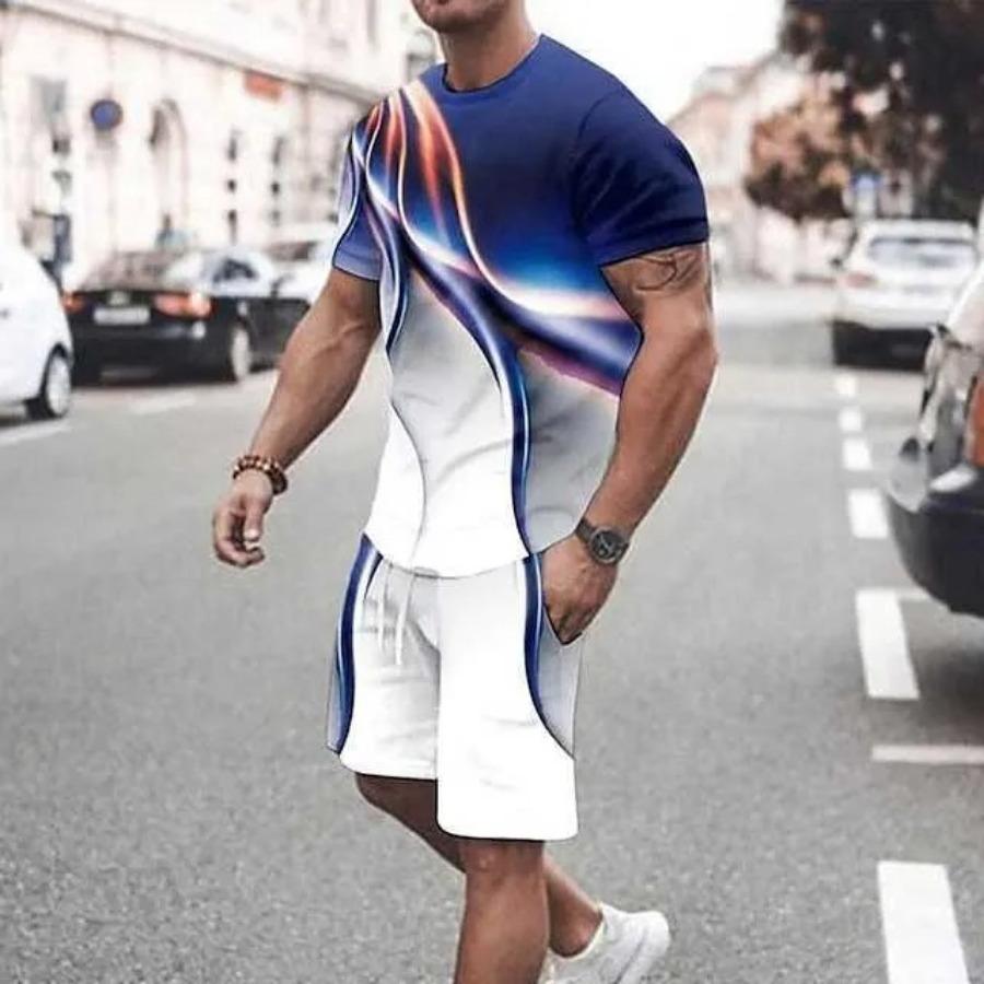 New Fashion T-shirt and Shorts Set Street Men's Clothing Men's Set 3D Short Sleeve Loose Casual Colorful Line Printing Suit