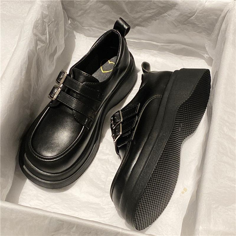 

Большая голова и маленькие кожаные туфли для женской весенне-осенней новой ретро круглоносой обуви на одной педали в британском стиле черные лоферы для通勤 40 матовый черный