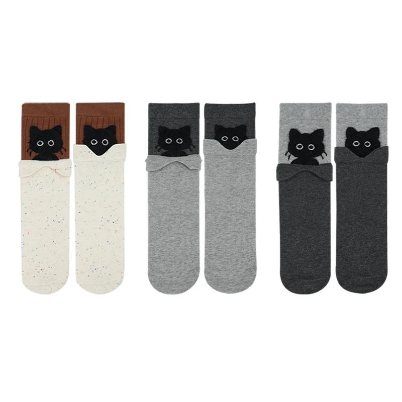 2026 Korean Cute Cartoon Kitten Mid-tube Socks Women's Autumn Winter Warm Stacking Socks Kawaii Cat Print Cotton Soft Long Sock