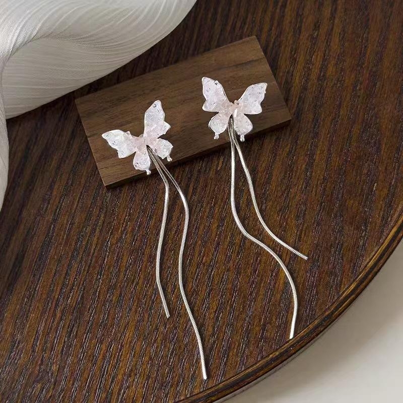 Mori Gradual Change Blue Butterfly Fringed Earrings Women, the New Simple Face Thin Long Earrings