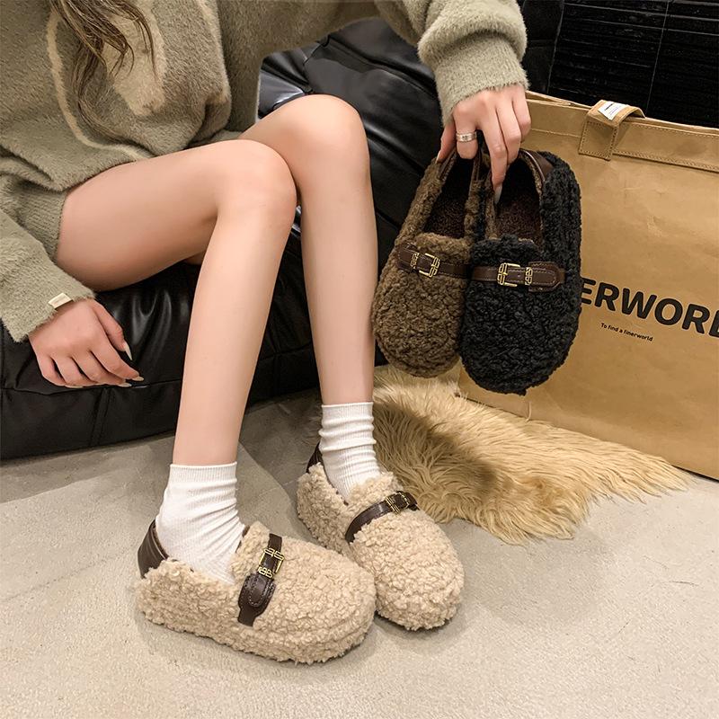 Thick-soled Inner Height-increasing Fluffy Shoes for Women's Outer Wear 2025 New Winter Snow Boots One-pedal Evening Shoes Plush Cotton Shoes