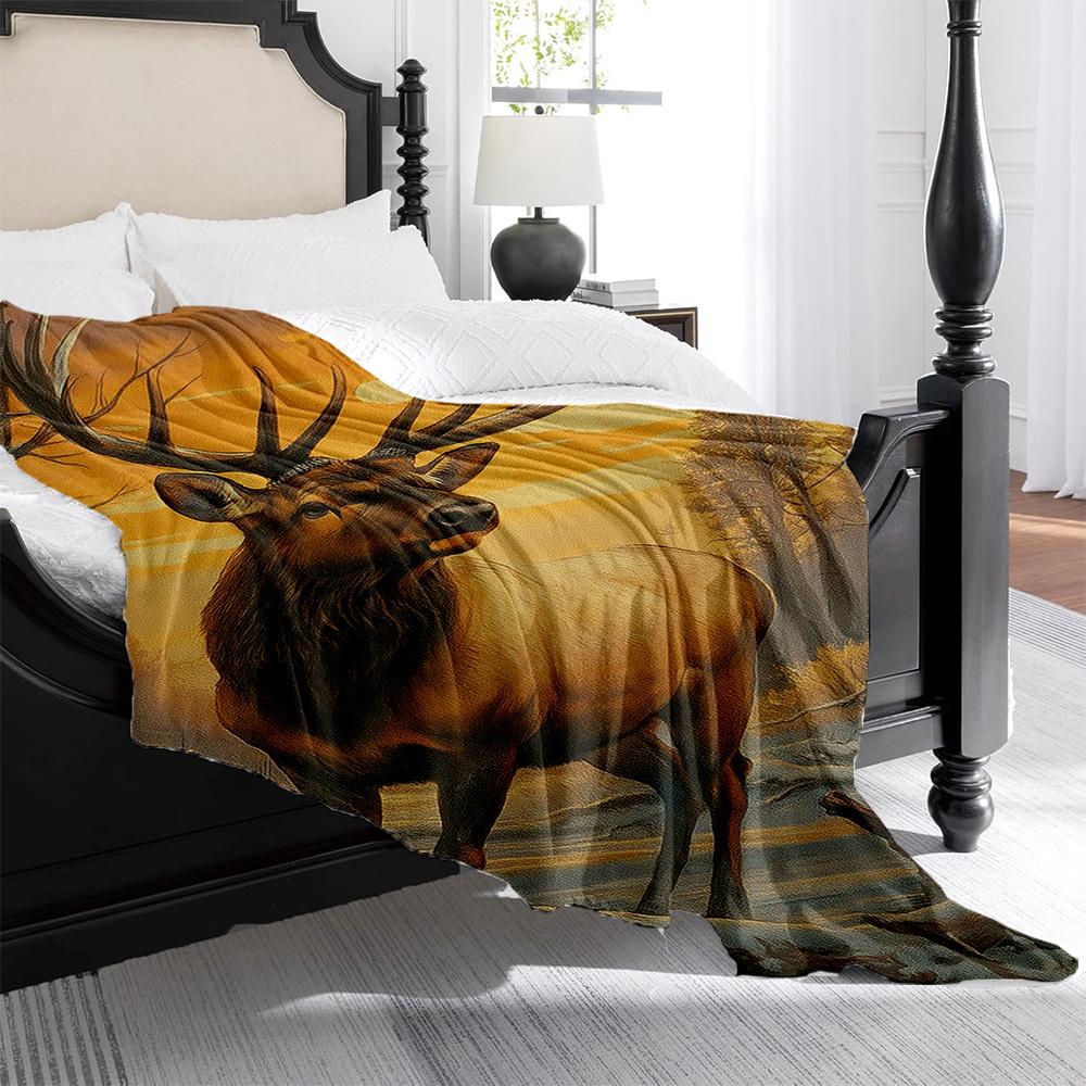 1pc Realistic Deer & Forest Print Flannel Blanket - Heavyweight Plush All-Season Soft Warmth, Machine Washable Luxury Bedspread