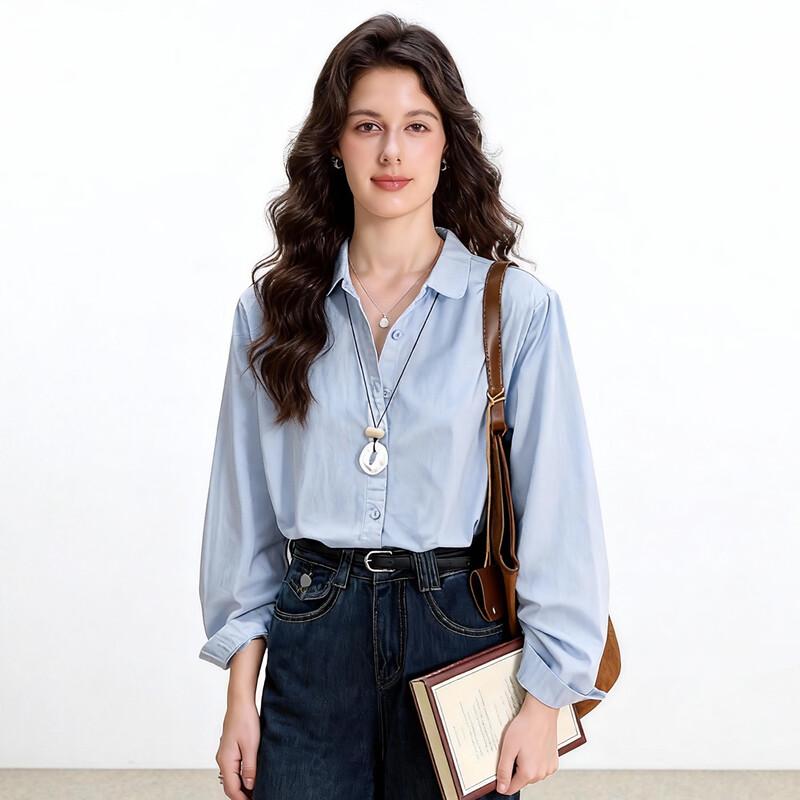 ENC Solid Color Loose Fit Cotton Long Sleeve Shirt S