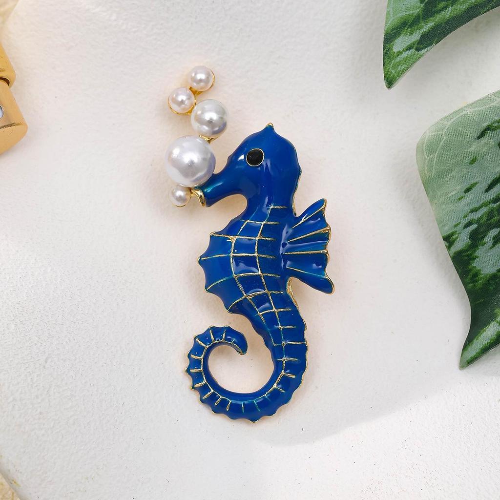 Creative European & American Cloisonné Seahorse Brooch with Pearl – Stylish Marine Life Pin Accessory