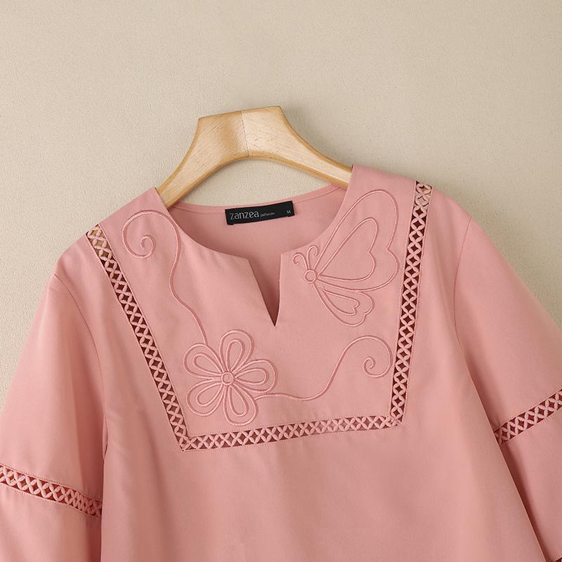 ZANZEA Women Casual V-Neck 3/4 Sleeve Loose Embroidery Blouse