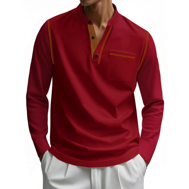 Autumn New Men's Long Sleeve Casual T-Shirt Henley Shirt Color Block  Wholesale