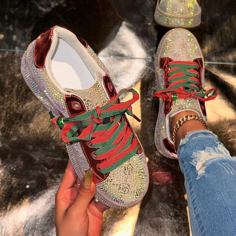 

2026 Fashion Women Platform Sneakers Lace Up Rhinestone Casual Shoes Fashion Shiny Ladies Shoes High End Luxury Designer Shoes 42 хакі