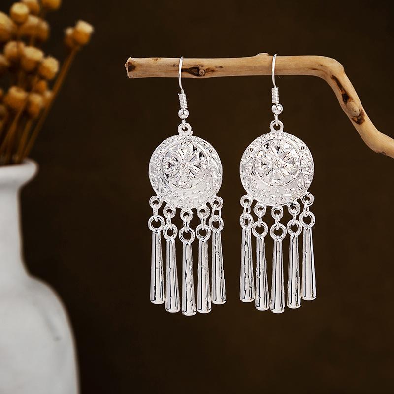 Ethnic Miao Silver Leaf Tassel Earrings