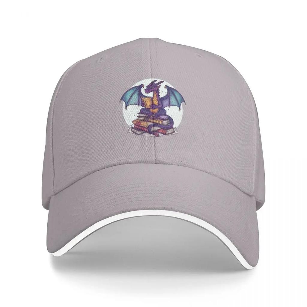 Library Tshirts Animated Dragon Reads Atop Book Stack Scholarly Whimsical Appearance Content and Focused Expres Baseball Cap