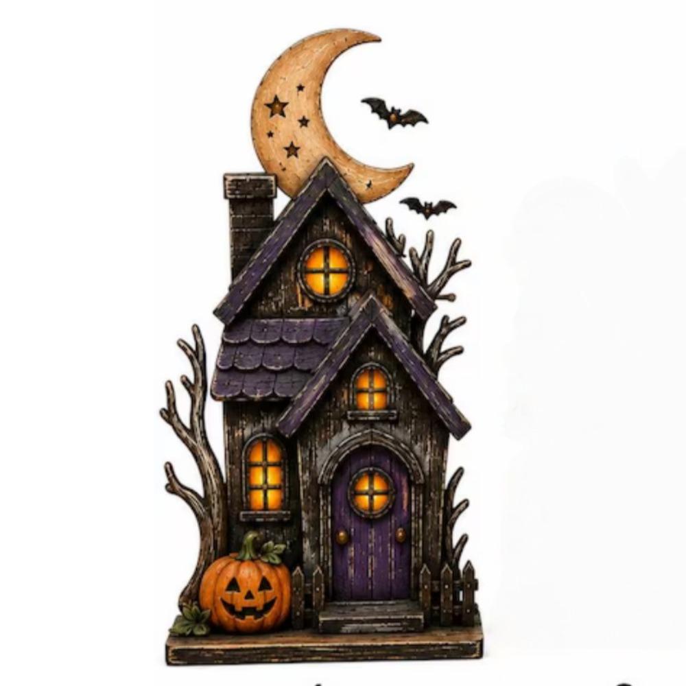 Spooky Wood Haunted House Statue Vintage Stacked Pumpkin Cart Ornament Shelf Decor