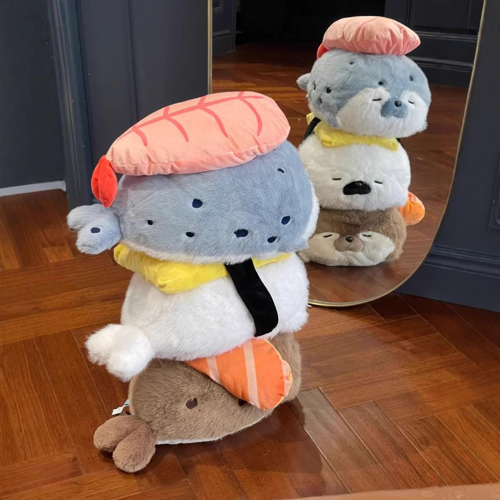 Cute Cartoon Sushi Seal Plush Toy with Hanging Loop, Soft Otter Stuffed Animal Pillow Doll Birthday Gift