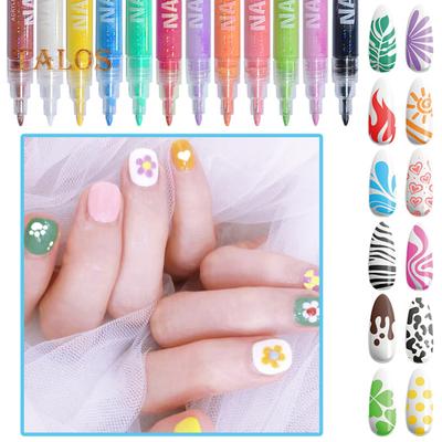 Conjunto de 12 canetas para arte em unhas, caneta de esmalte 3D de secagem rápida, caneta de pontilhar grafite, marcadores para arte em unhas, caneta de desenho e pintura para salão de beleza em casa