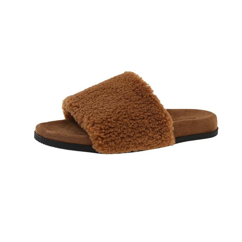 Mao Mao Slippers Women's Autumn and Winter New Indoor Lazy One-word Plush Slippers Home Flat Cotton Slippers