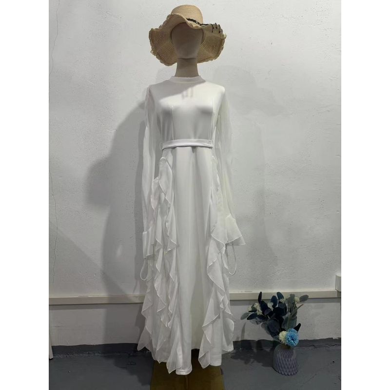 

Fashion Ruffles Chiffon Patchwork Half Turtleneck Dress Lotus Leaf Half High Neck Dres White M