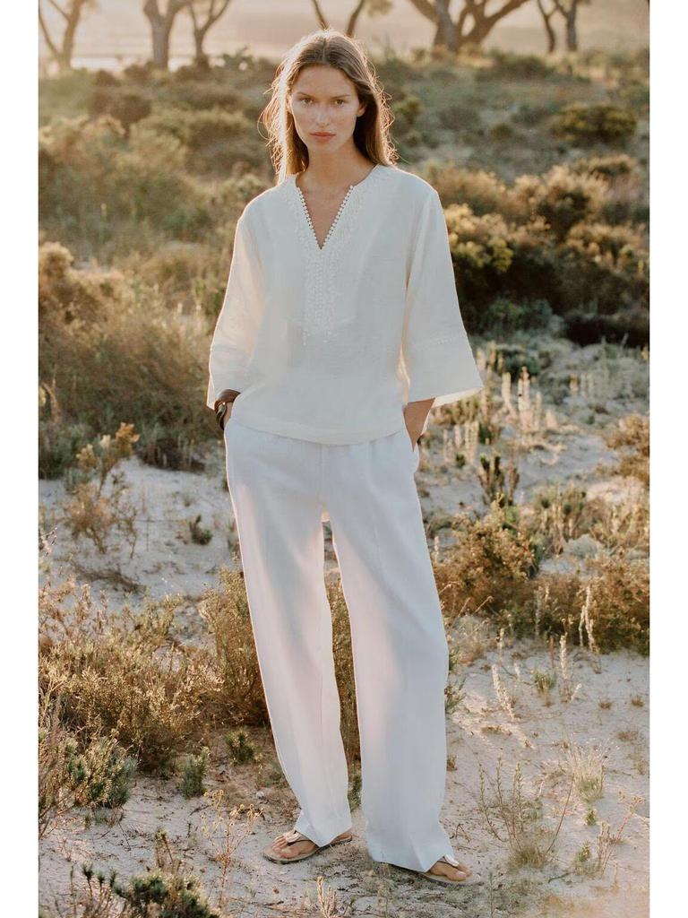 Spring 2025 Buckle Accent Ramie Top and Pleated Pants Set