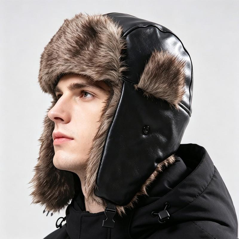 Unisex Winter PU Faux Leather Beanie Hat With Ear Protection Warm Thick Lined Ski Cap Foldable Streetwear Style