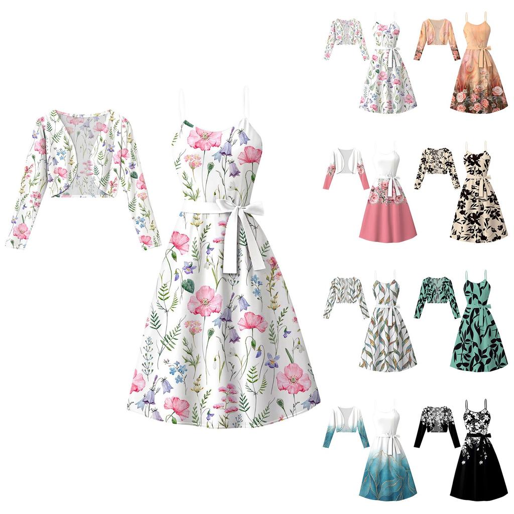 Women's  Fashionable And Casual Long-sleeved Short Cardigan Top + Belt + Strappy Dress Set
