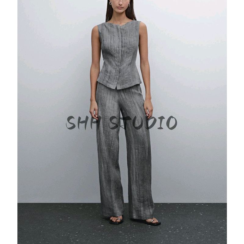 MD Spring/Summer French Style Young Ol Style Linen Blend Suit Vest 6024657 Wide Leg Pants 5021659