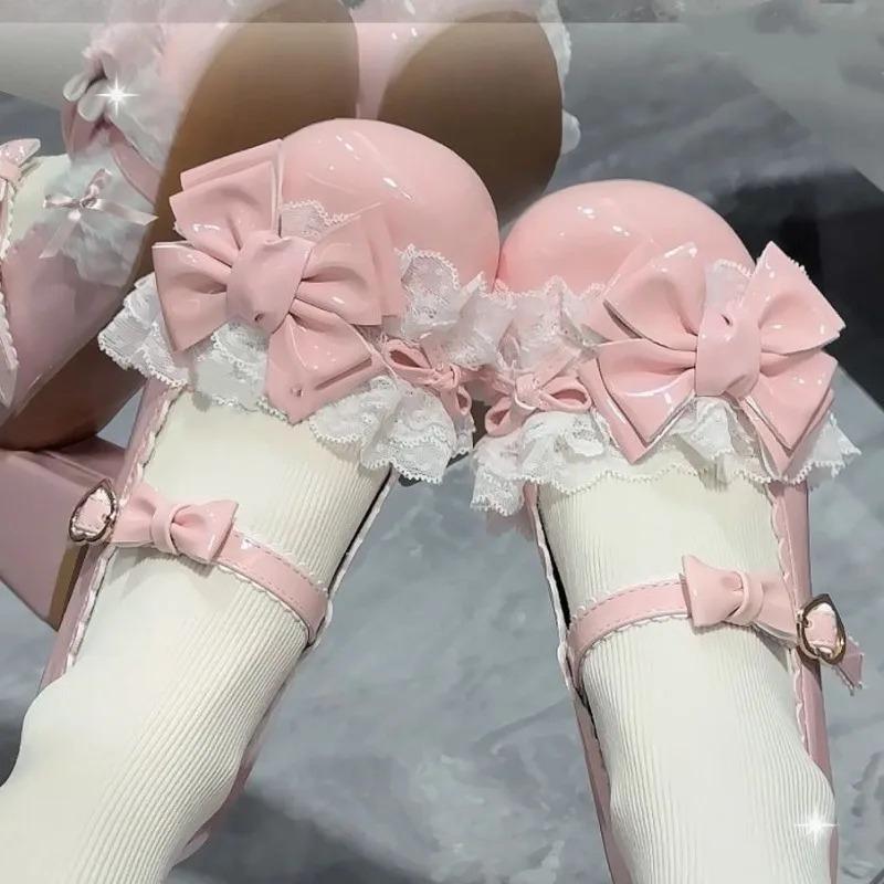 Urocze Damskie Buty Mary Jane na Średnim Obcasie Kokardka Koronka Urocze Buty Lolita Okrągły Nosek Grubszy Obcas Słodkie Szpilki Zapatos De Mujer