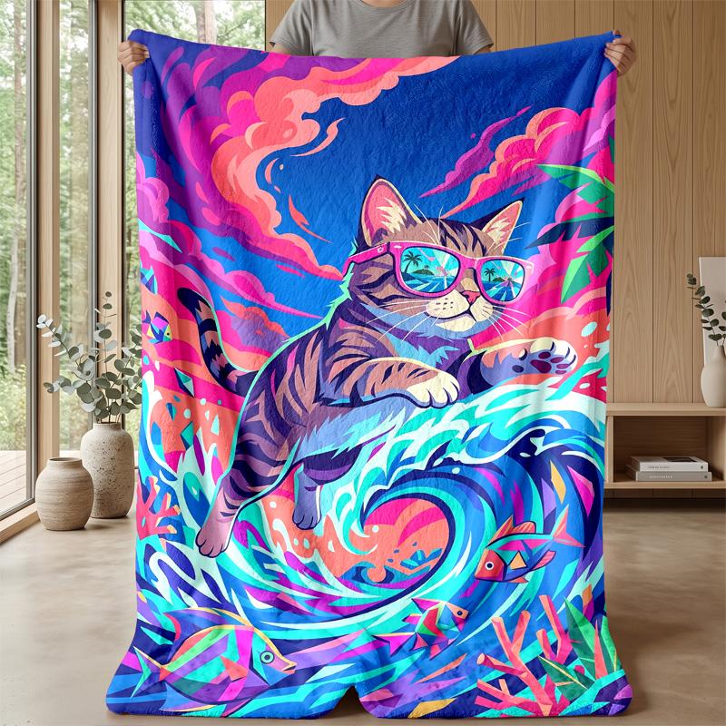 Summer Cat Paradise Theme blanket Lightweight Warm Flannel Blanket Decorative Throw Blanket for Home Decoration