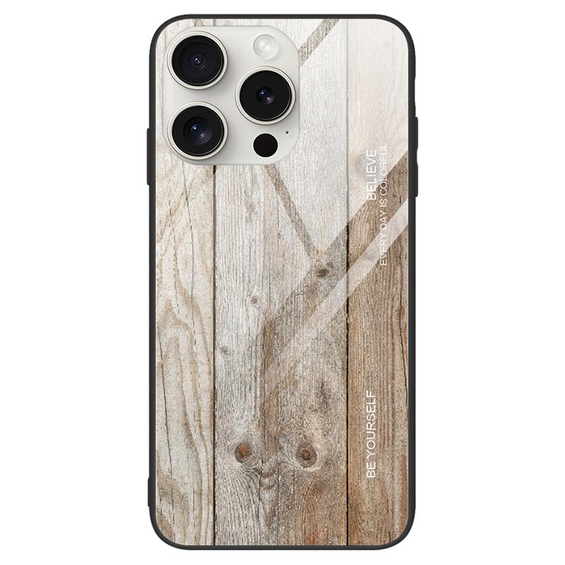 For iPhone 16 Pro Max Case TPU Frame Tempered Glass Back Phone Cover Wood Texture