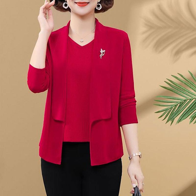 

Solid Color Shirt Fake Two Pieces Casual Patchwork Spring Autumn V-Neck Long Sleeve Fashion Brooch Loose Blouse XL червоний