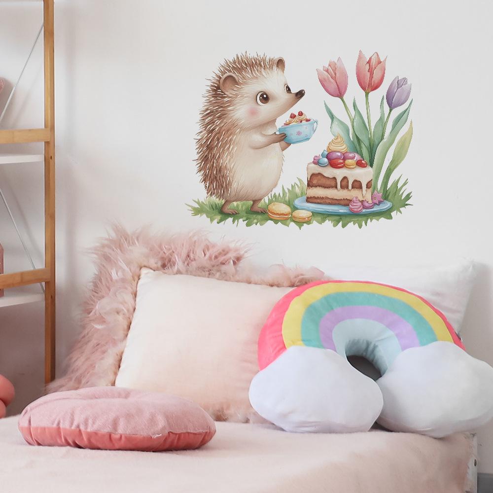 Cute Hedgehog Cake Wall Sticker Self-Adhesive Removable for Bedroom Living Room Background Home Decor
