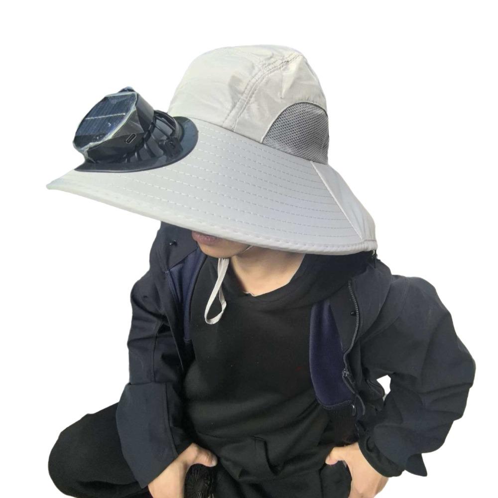 

UV Protection Solar Fan Hat Breathable Summer Fan Visor Cap Convenient Fishing Bucket Hat Camping Grey Round