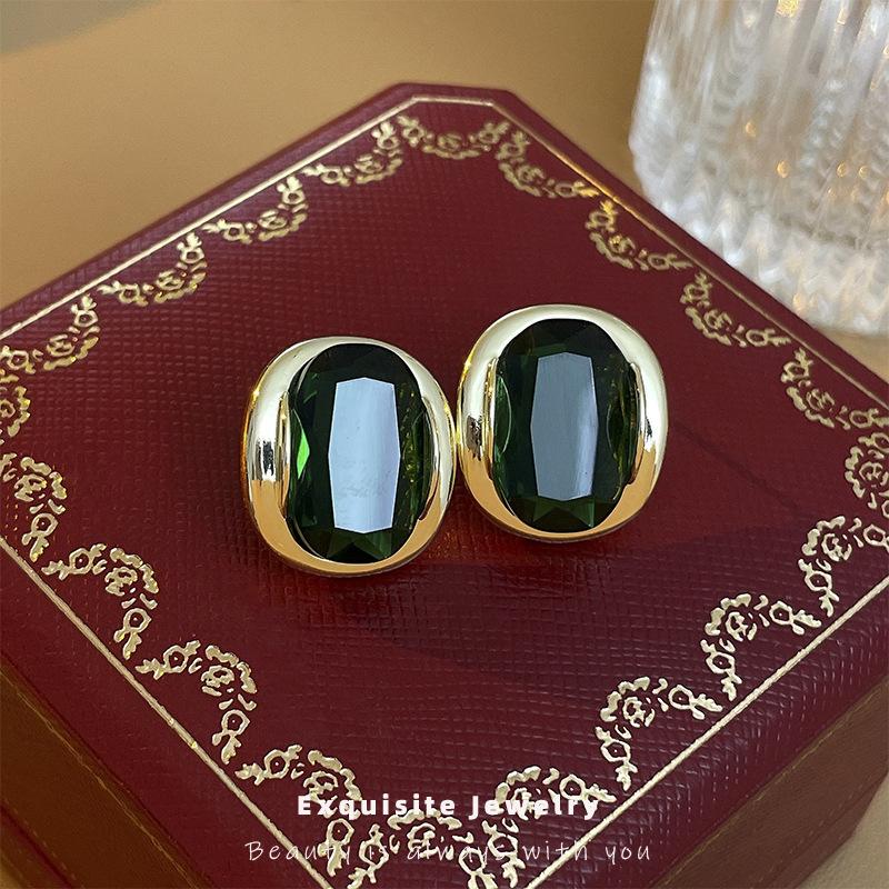Emerald zircon oval silver needle stud earrings real gold electroplating temperament earrings