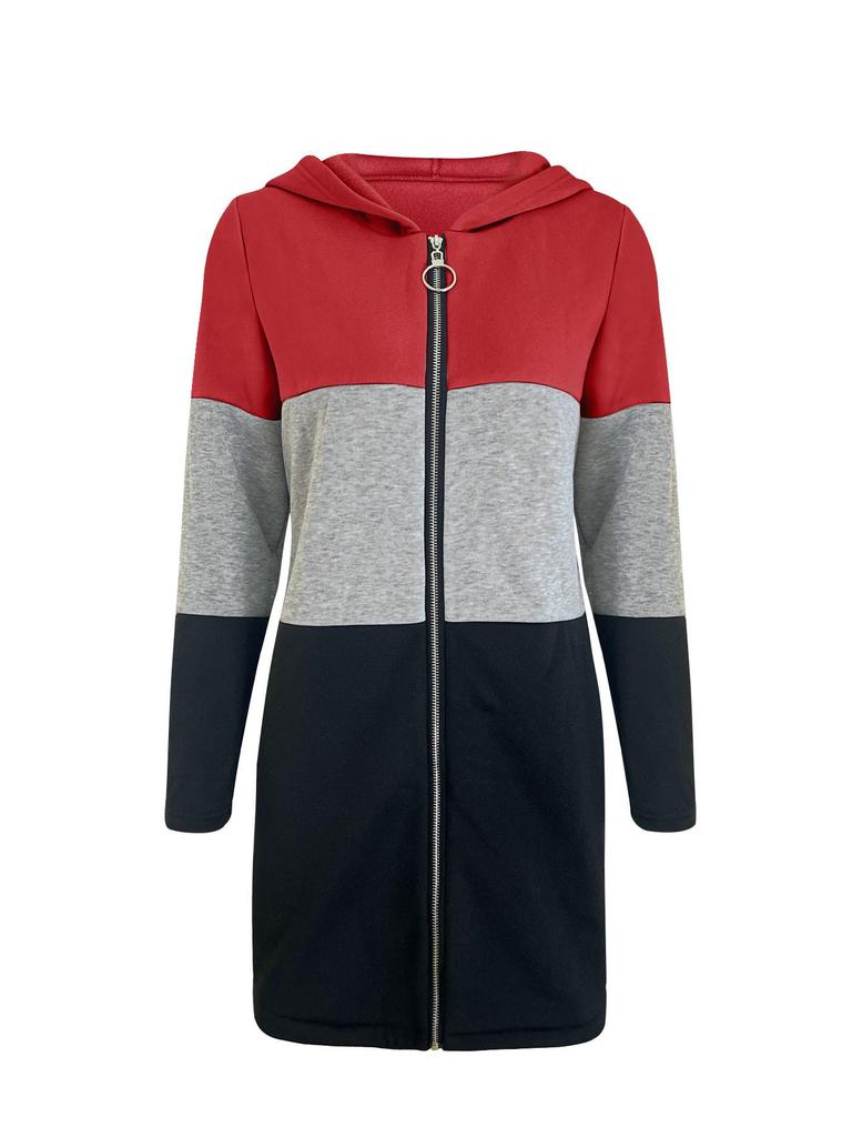 Women's Casual Color Block Hooded Jacket with Three-Color Splicing for Autumn/Winter