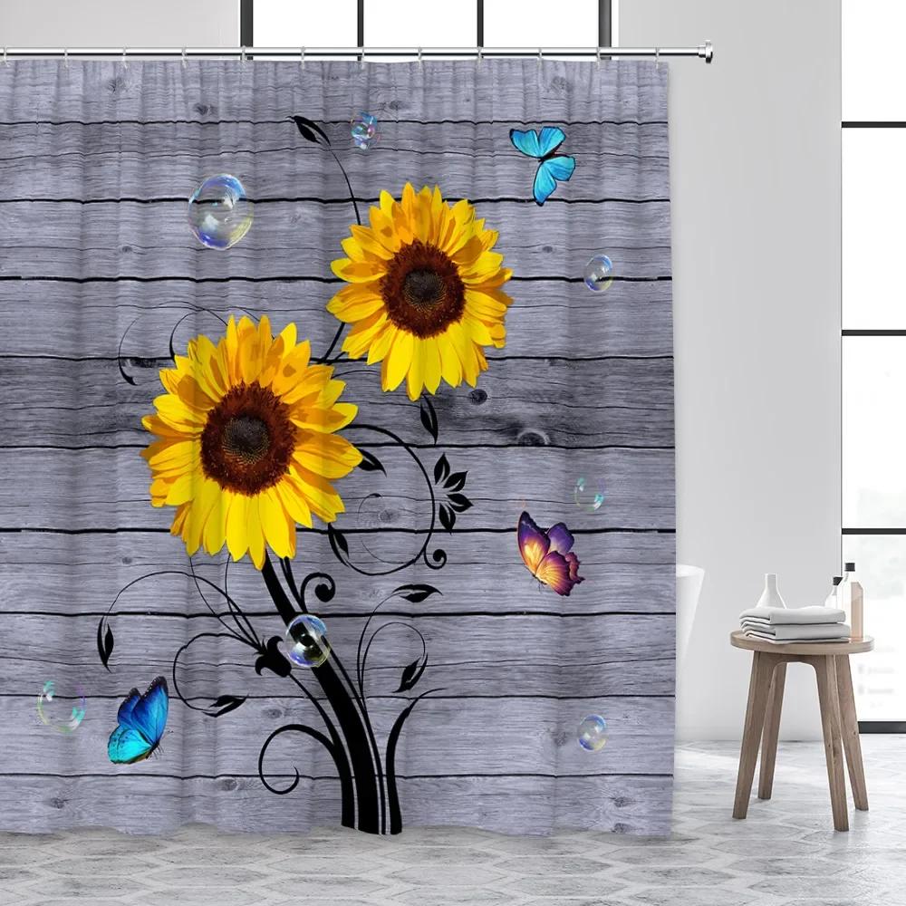 Sunflower Shower Curtain Natural Floral Butterfly Rustic Vintage Shabby Wood Board Flower Print Fabric Bathroom Decor With Hooks