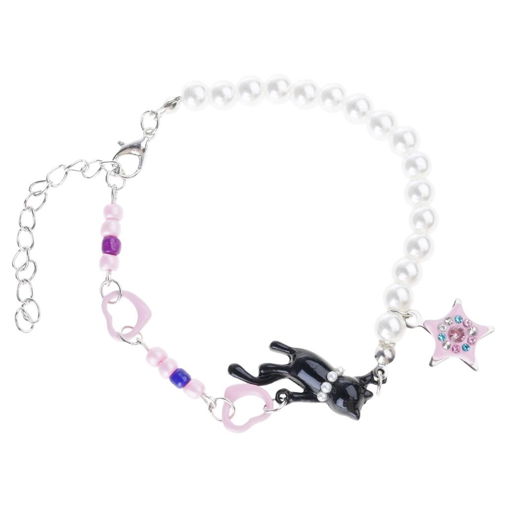 Vintage Pearls Bead Cats Face Charm Bracelet With Star Pendant Flexible Chain Pearls Charm Wrist Chain For Daily Wear
