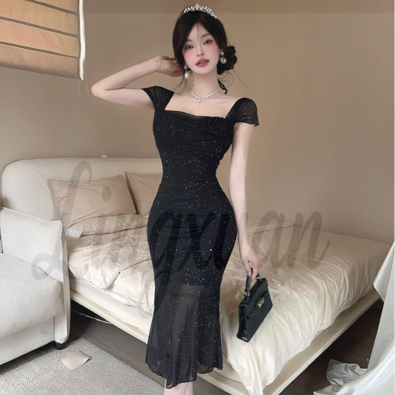 

Elegant Floral Pleated Square Neck Short Sleeve Black Long Dress Small (S) чёрный
