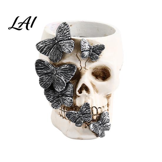 Halloween Desk Accessory Gothic Skull Pen Holder Spooky Butterfly Makeup Brush Party Decoration Organizer Desktop Pencil Cup for Home Office