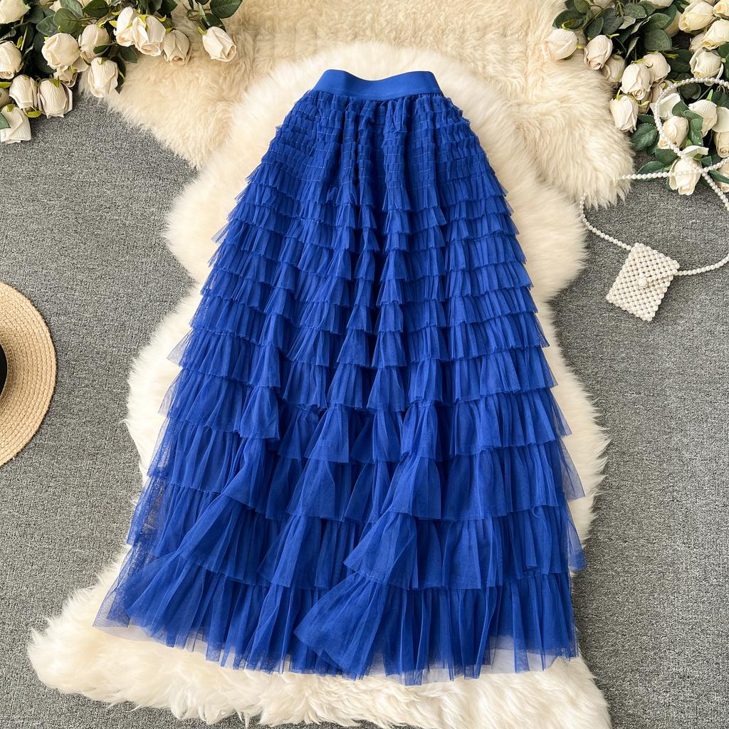 Summer Women Elegant Ruffles Mesh Elstic Waist Long Midi Cake Skirt