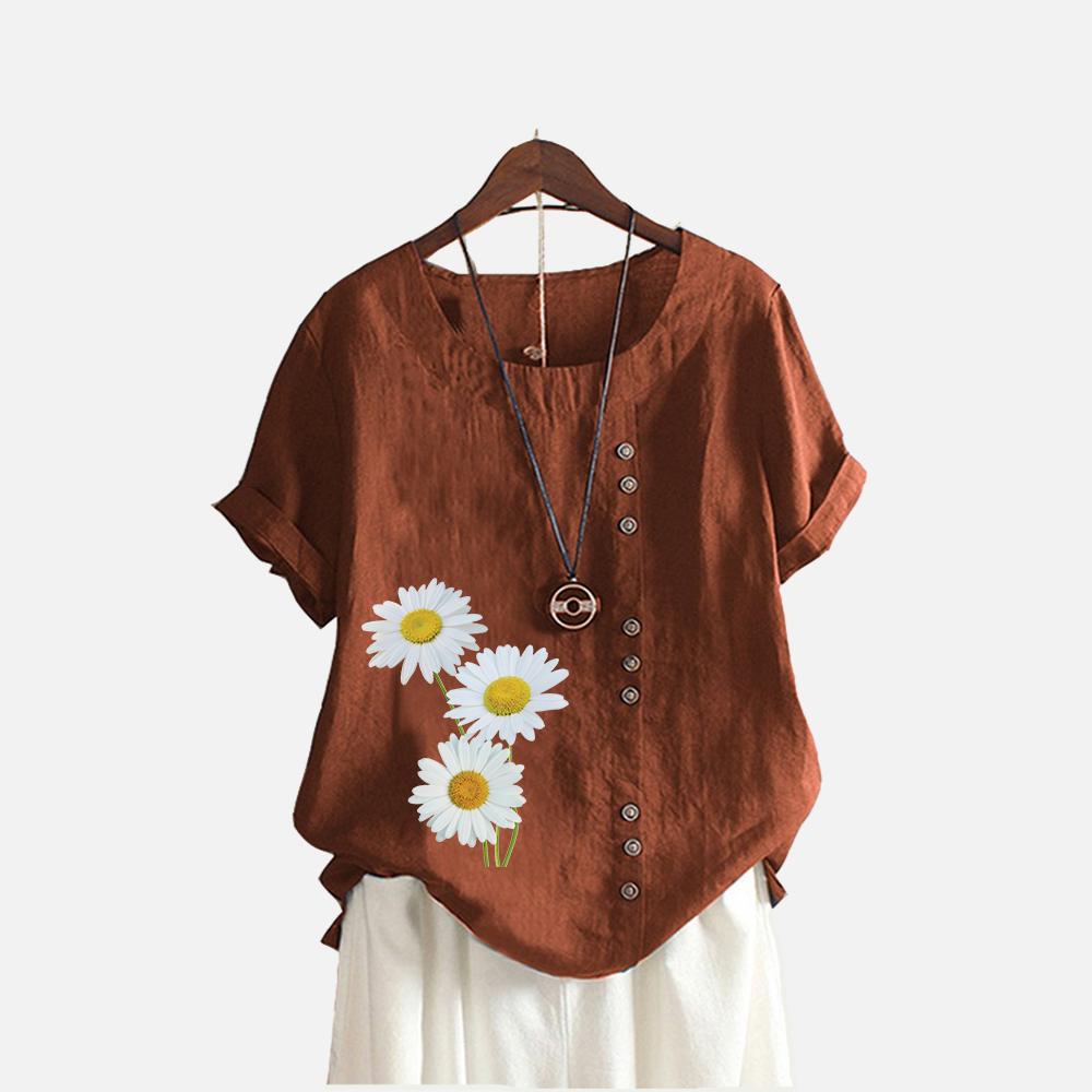 Frauen Fashion Floral Print T-shirt Sommer & Herbst Casual O Hals Kurzarm Top Pullover Lose Baumwolle Leinen Blusen