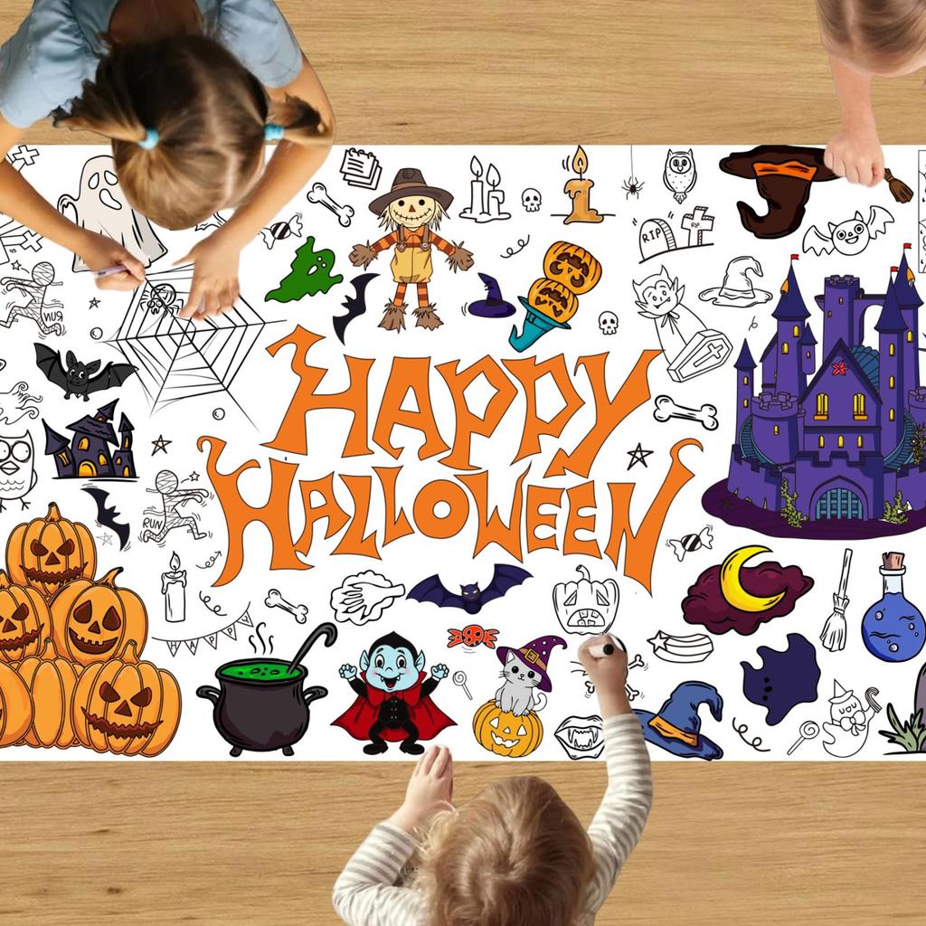 Halloween Coloring Poster Kids Pumpkins Castle Cute Background Decoration, Waterproof Coloring Paper Tablecloth, Halloween Decoration