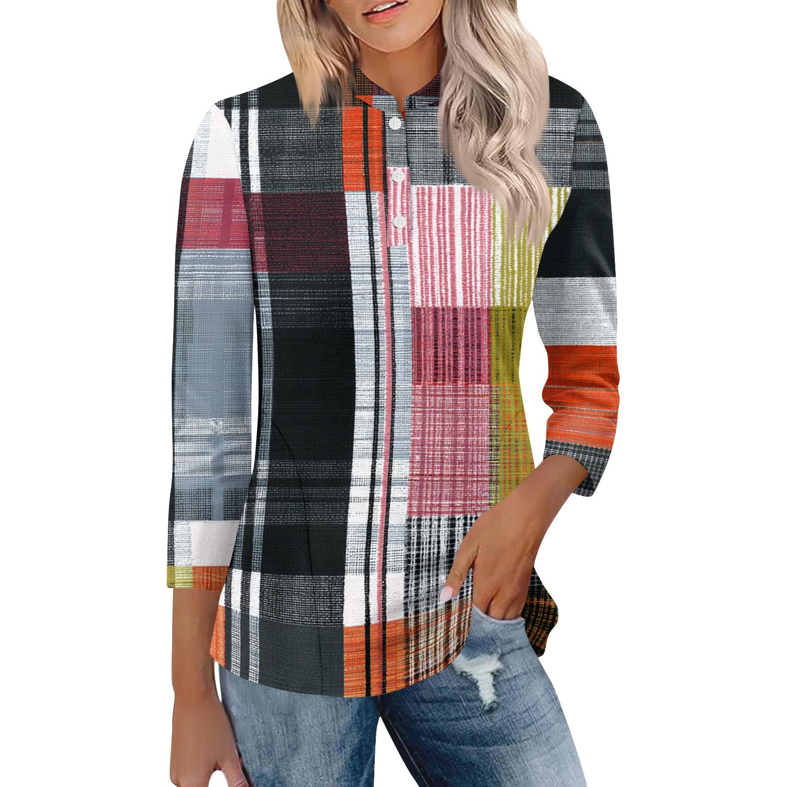 

Women s Casual Loose Fit Polo Collar Shirt Three Quarter Sleeve Button Down Plaid Pattern Top for Everyday Wear XXL
