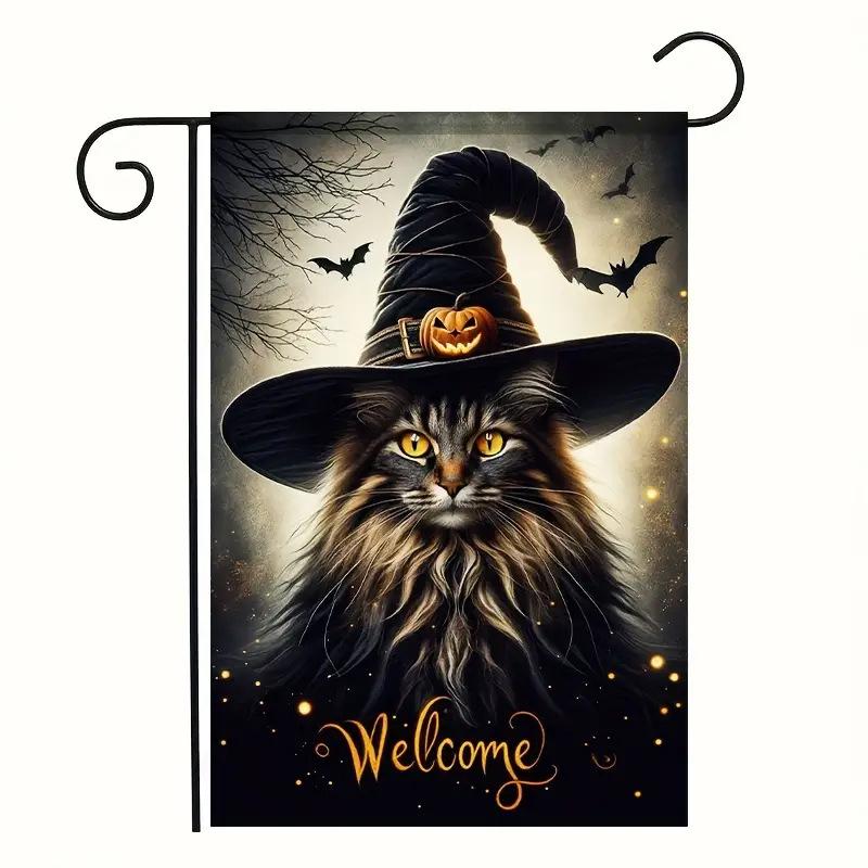 1pc Halloween Garden Flag Allan Poe The Raven Cowboy Cat 3D Printed Halloween Yard Outside Decoration No Flag Pole 12X18 Inch