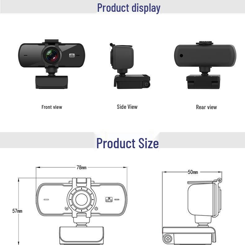 2K Ultra HD USB Webcam with Microphone for Online Classes & Live Streaming, Driver-Free, Noise Reduction, Rotating Autofocus