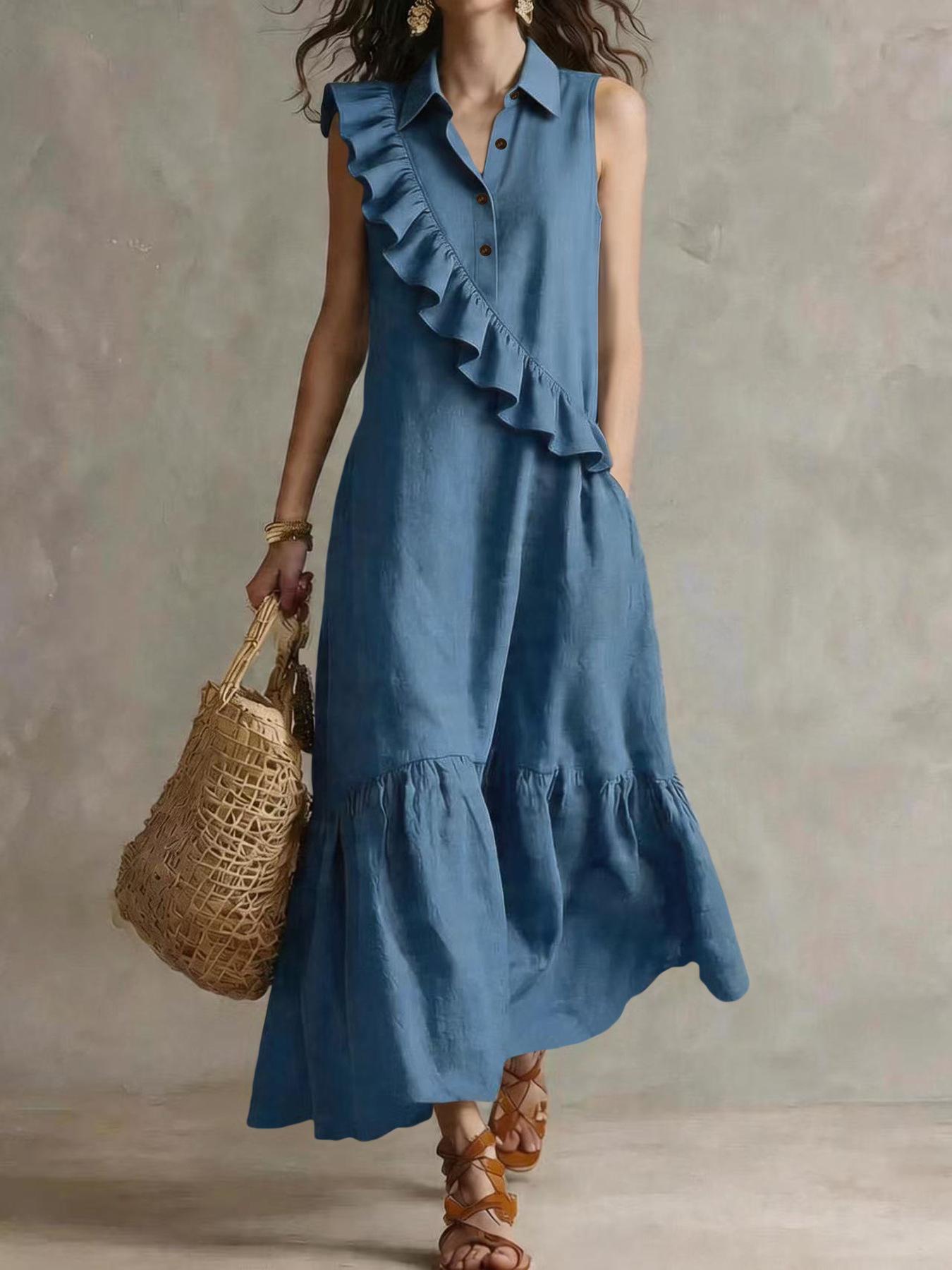 Cross-border temu Amazon independent station retro sleeveless suit collar design, temperament commuter dress S синий
