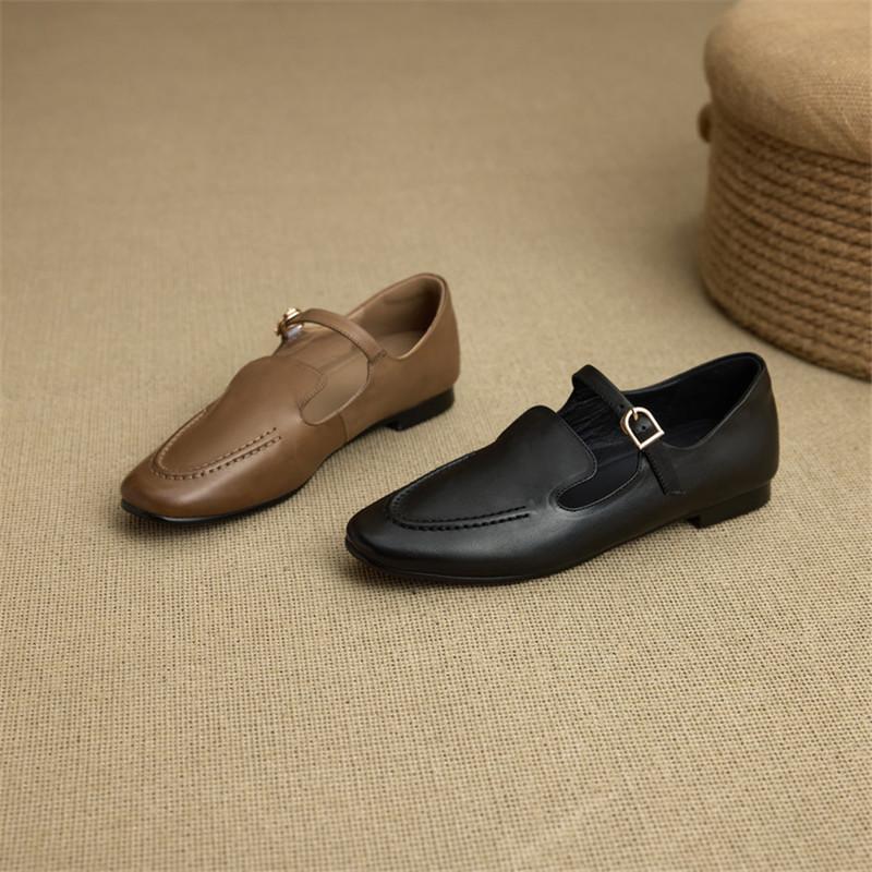 Mode Nouvelles Chaussures Femme en Cuir Véritable Printemps/Automne Bout Rond Chaussures Mary Jane pour Femmes Mode Rétro Boucle Talon Bas Plat Escarpins Femme
